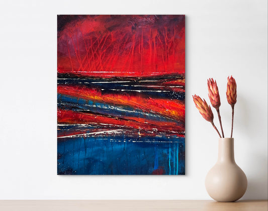 "Watch the Sunrise and Fill Our Souls Up" 16x20 abstract mixed media painting by Michelle Ramos displayed on a white wall in a modern interior setting