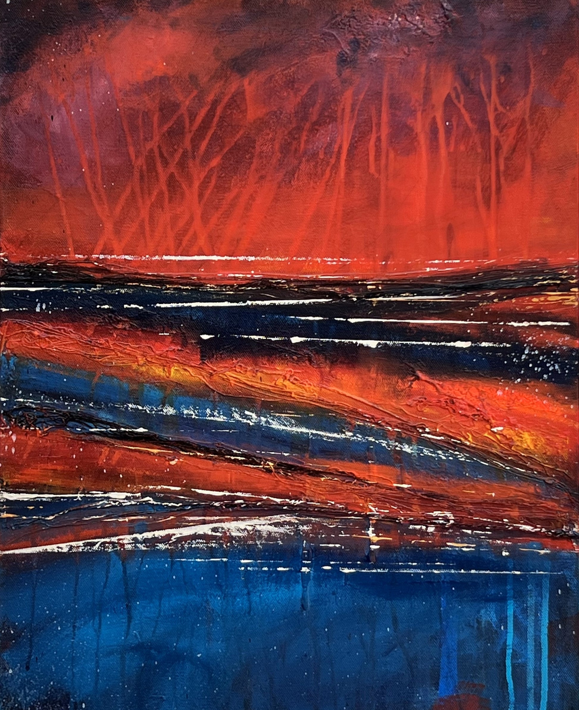 Abstract painting with fiery vertical streaks and layered horizon bands, evoking sunrise energy and emotional depth.
