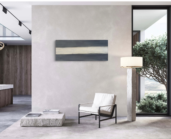 Abstract artwork titled Perfect Storm, showing black and white bands with textured center in a modern interior.