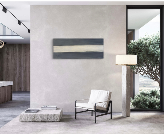 Interior mockup featuring the artwork Perfect Storm displayed on a wall, showing its bright central band against dark surrounding tones.