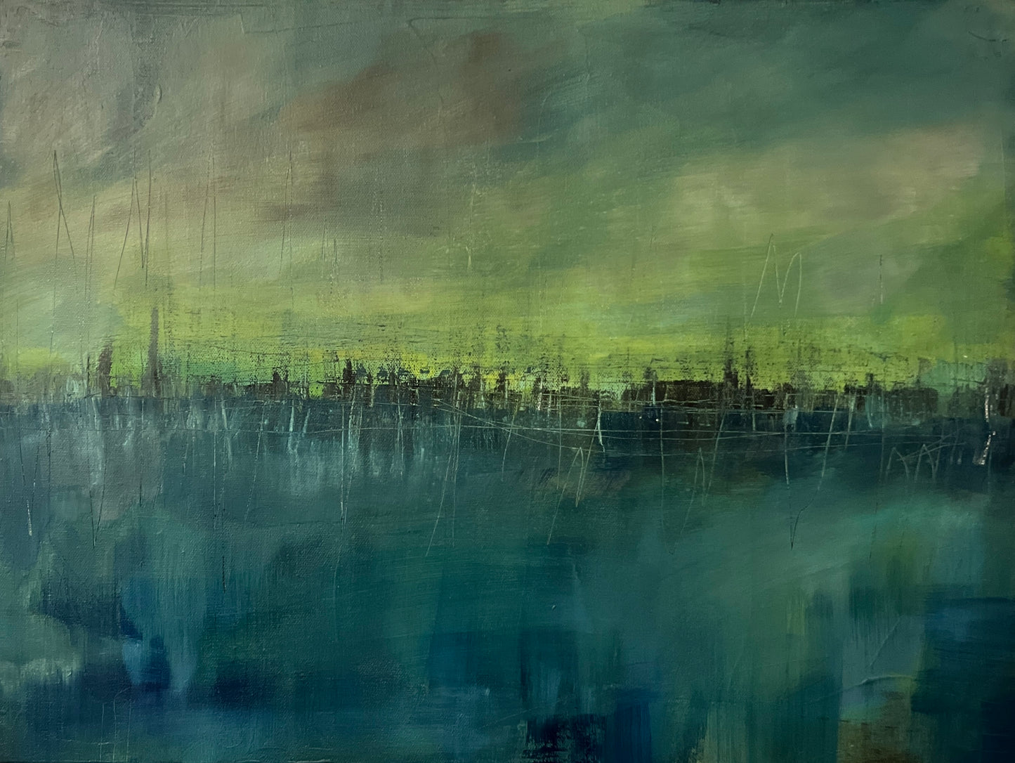 Abstract painting with dark skyline band, luminous green-yellow sky, and moody teal foreground with textured marks.