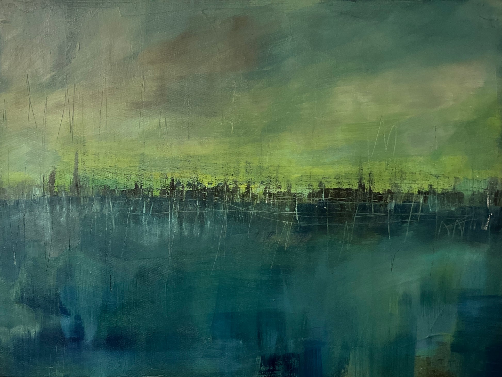 Abstract painting with dark skyline band, luminous green-yellow sky, and moody teal foreground with textured marks.