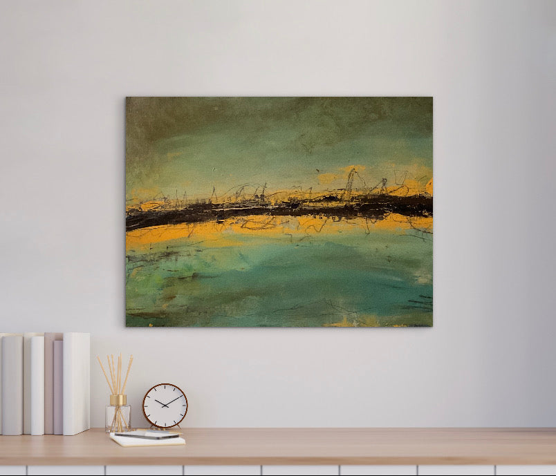 Moody abstract waterfront artwork displayed in a modern interior, emphasizing atmosphere and layered texture