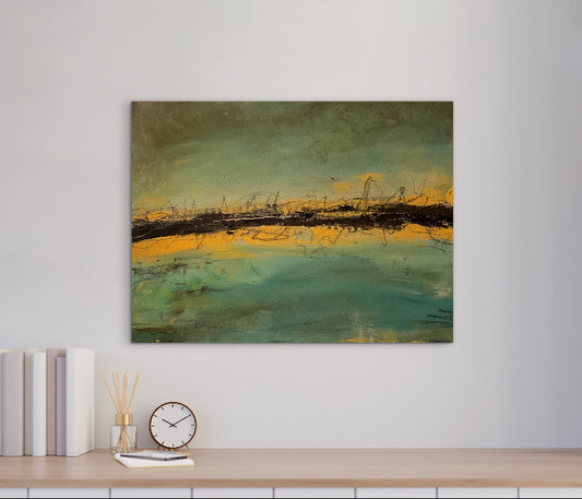 Moody abstract waterfront artwork displayed in a modern interior, emphasizing atmosphere and layered texture