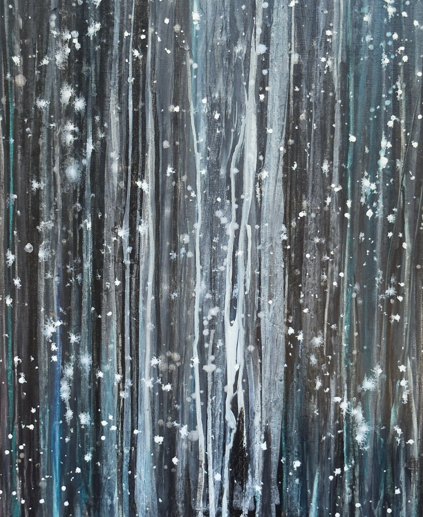 Abstract painting with vertical streaks and scattered white marks, evoking a snowy forest and quiet motion.