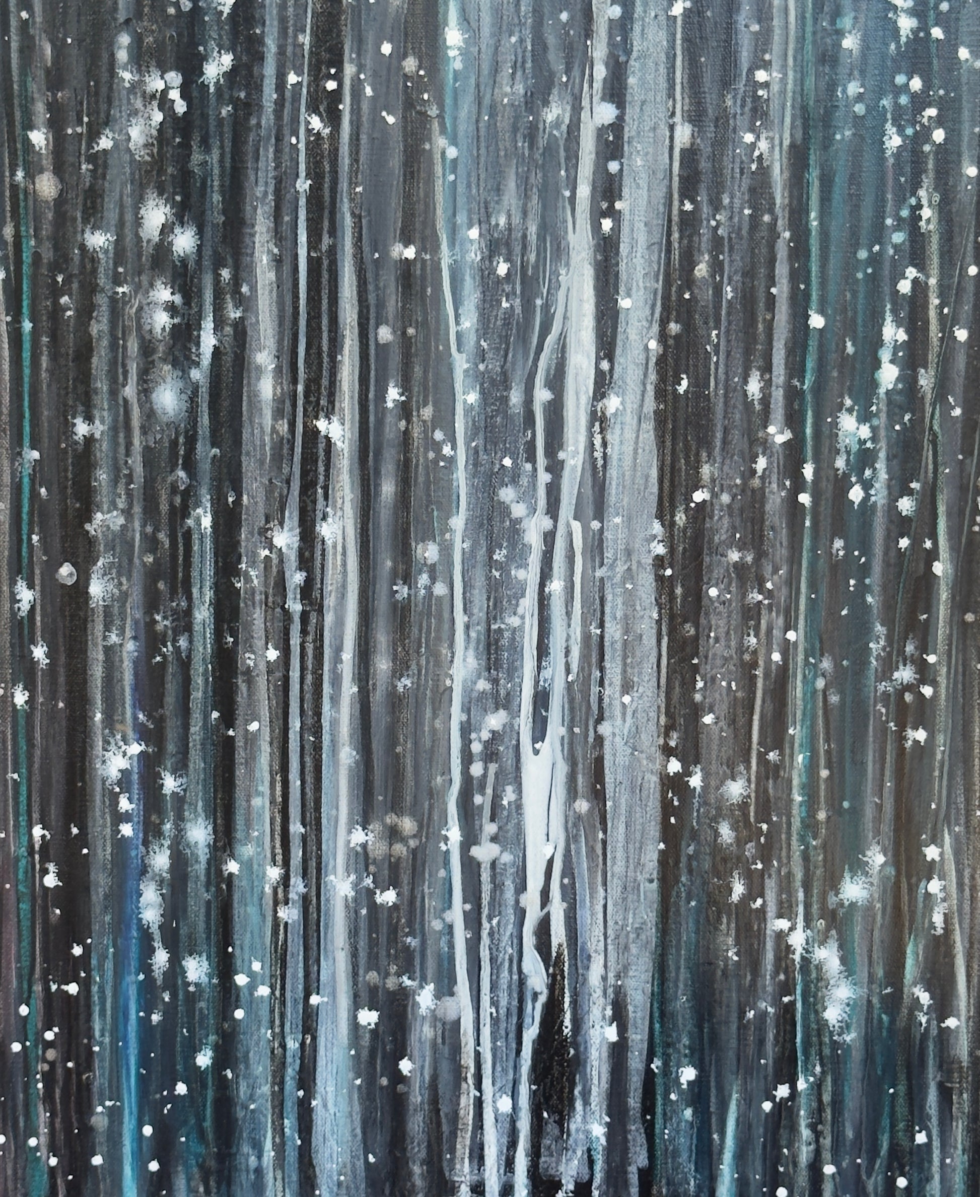 Abstract painting with vertical streaks and scattered white marks, evoking a snowy forest and quiet motion.