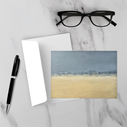 Warm abstract artwork displayed unframed in a modern interior, featuring soft gold and coral tones that create a dreamy, sun-washed atmosphere.