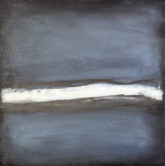 Abstract painting with dark gray fields and a bright textured band across the center, creating a moody, atmospheric contrast.
