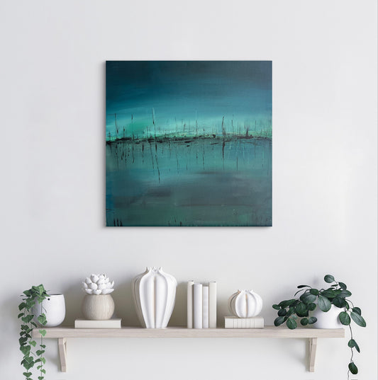 Interior mockup showing the artwork Sleep to Dream on a wall, highlighting its dark teal palette and atmospheric central glow.