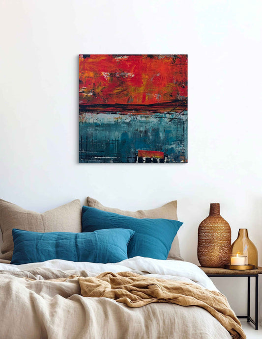 Interior mockup showing the artwork Cold Blue Ice above a bed, highlighting its bold red, orange, and blue color contrast.