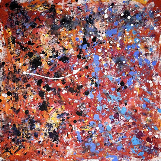 Passionate Pictures - 24x24" abstract painting by Michelle Ramos featuring vibrant red, orange, blue, and white splatters