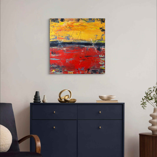 Interior mockup showing the artwork So Right above a bed, highlighting its bold red and orange palette and energetic texture.