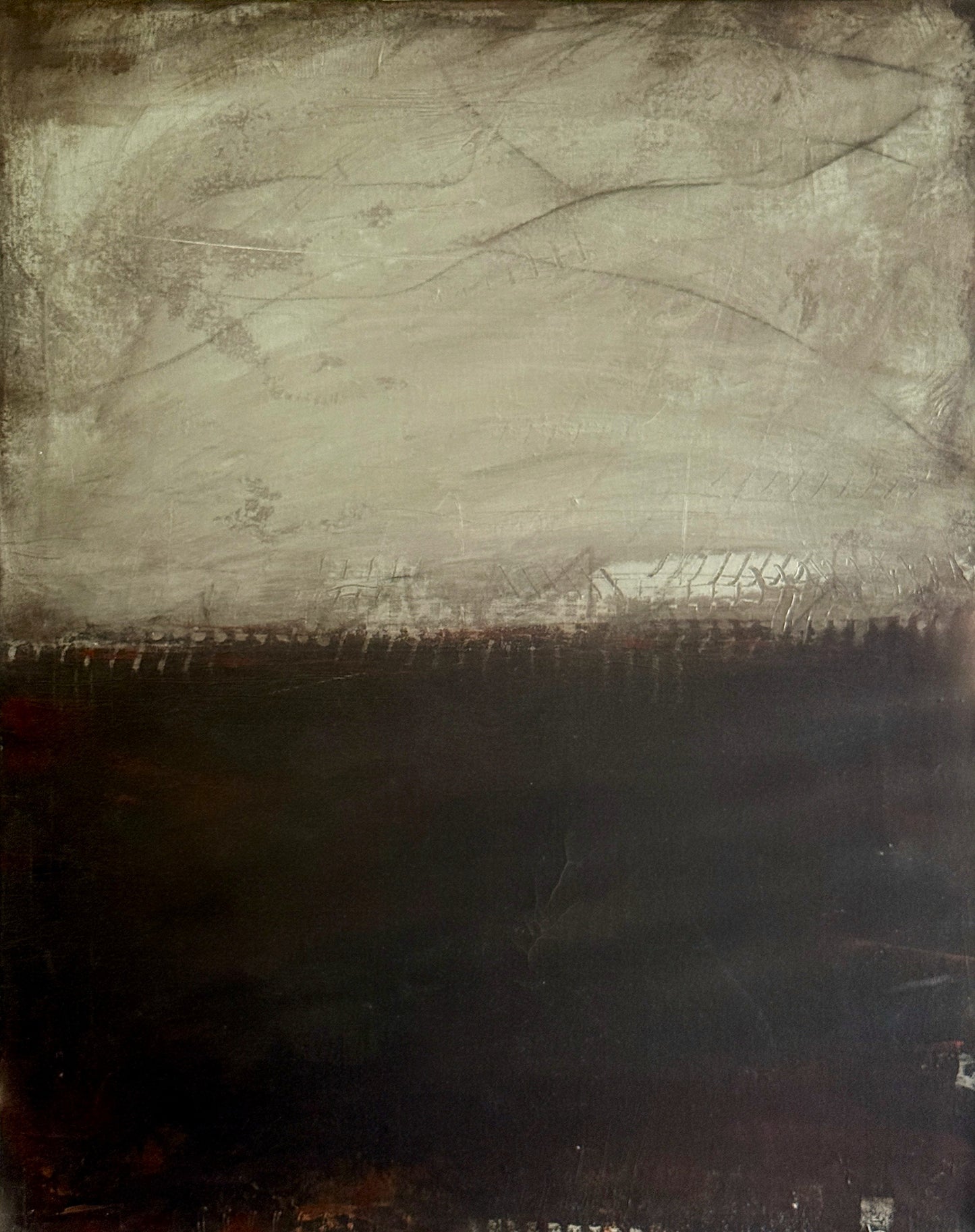 Alt Text:
Obsess, 24x30" abstract painting by Michelle Ramos. Moody layers of soft grays and taupes transition into deep blacks and umbers with subtle textural marks.