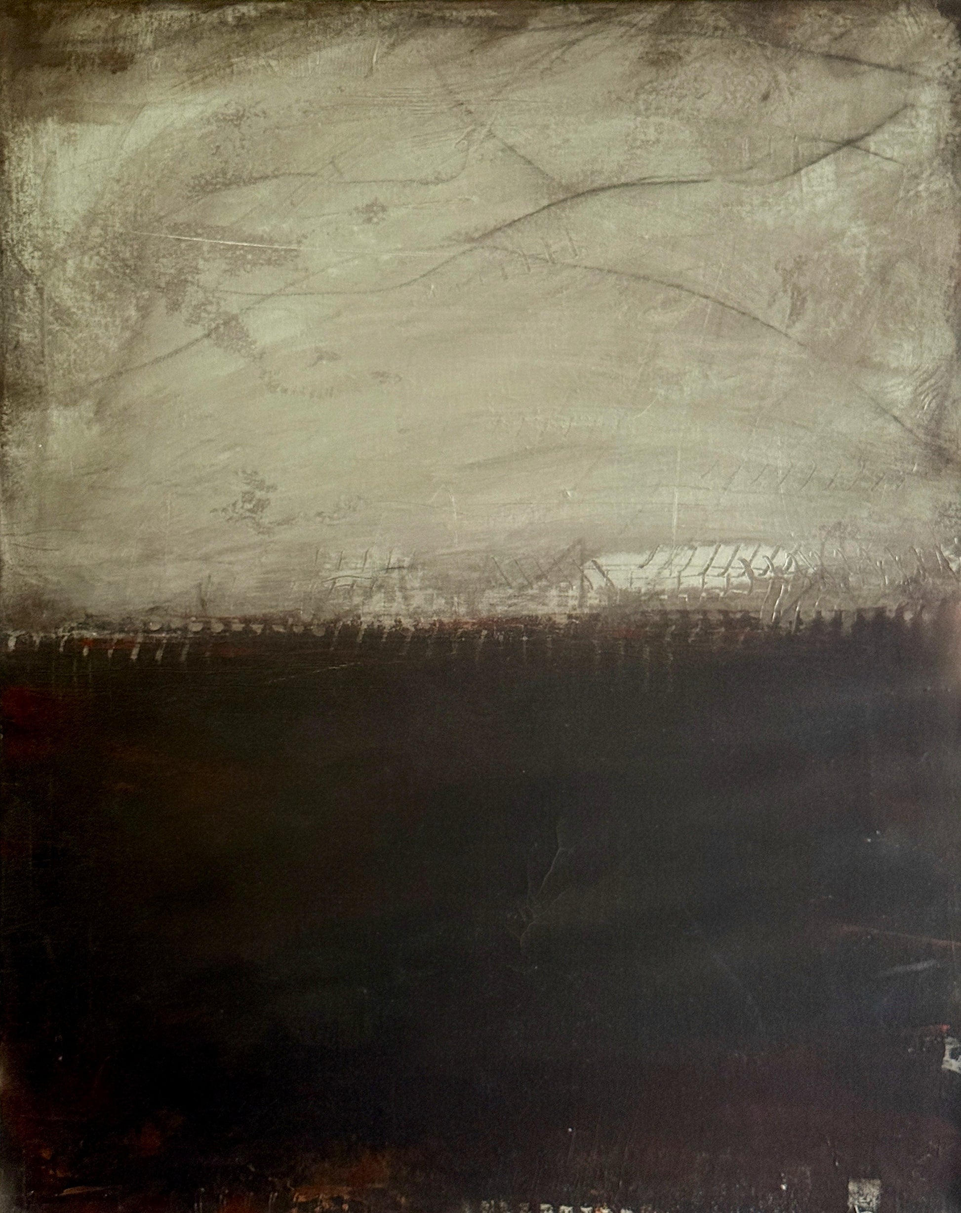 Alt Text:
Obsess, 24x30" abstract painting by Michelle Ramos. Moody layers of soft grays and taupes transition into deep blacks and umbers with subtle textural marks.