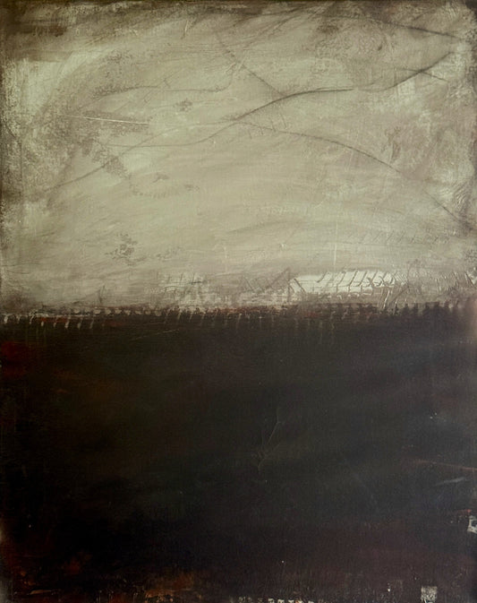 Alt Text:
Obsess, 24x30" abstract painting by Michelle Ramos. Moody layers of soft grays and taupes transition into deep blacks and umbers with subtle textural marks.