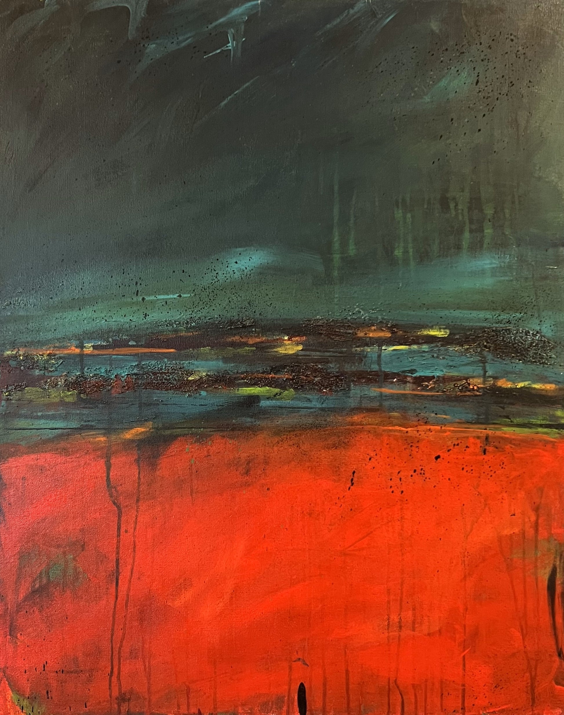 Abstract painting with intense red and orange lower section, textured central band, and stormy upper tones.