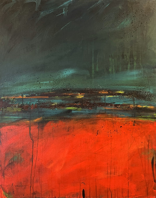 Abstract painting with intense red and orange lower section, textured central band, and stormy upper tones.