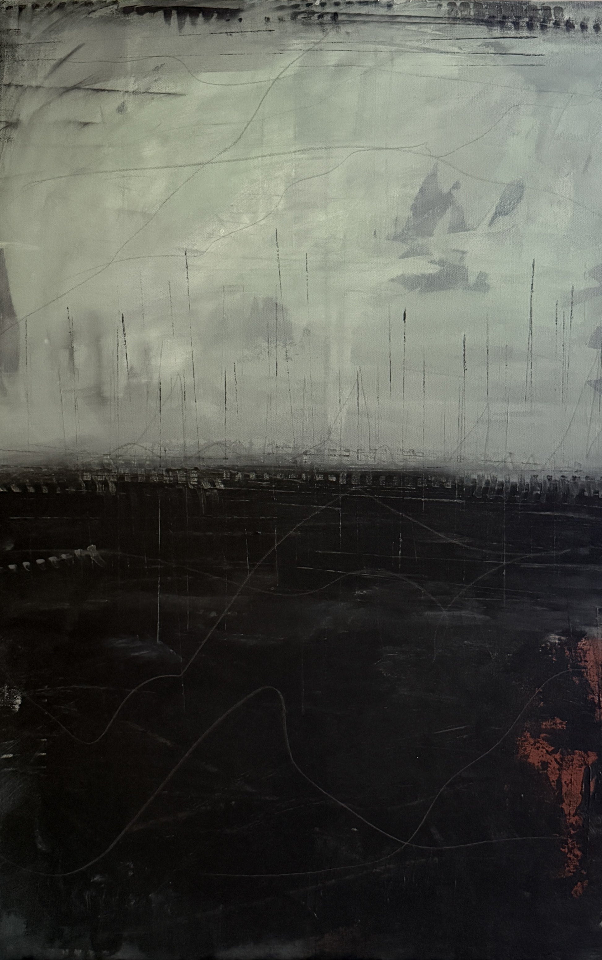 And If Along The Way, 24x36" abstract painting by Michelle Ramos. Misty grays and soft atmospheric tones with delicate vertical marks rising from a dark grounded base.