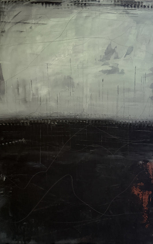 And If Along The Way, 24x36" abstract painting by Michelle Ramos. Misty grays and soft atmospheric tones with delicate vertical marks rising from a dark grounded base.