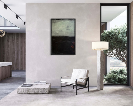 And If Along The Way, 24x36" abstract painting by Michelle Ramos displayed in a modern minimalist interior. Moody atmospheric artwork with soft grays and dark tones hanging above a white chair.