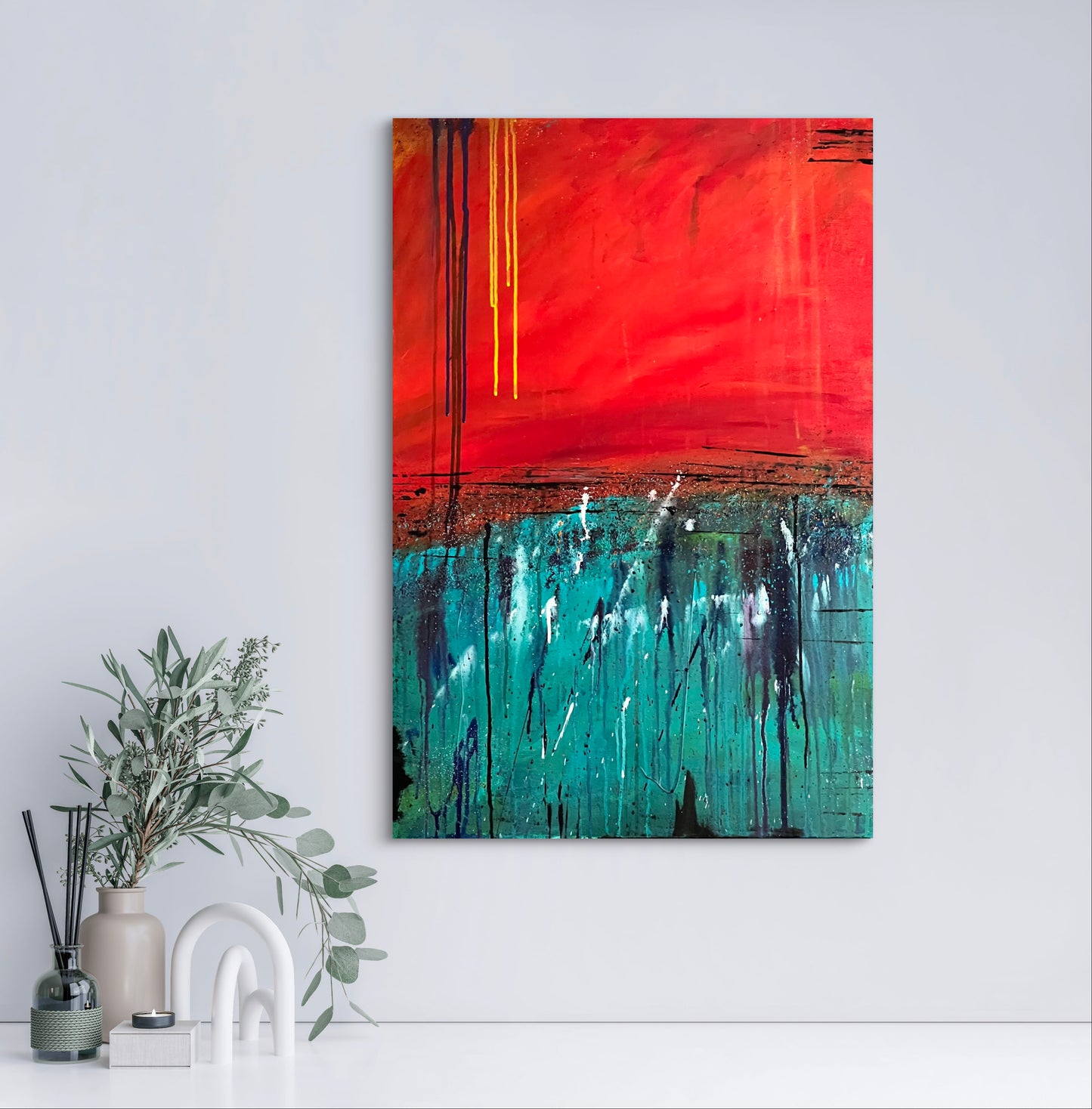 "When the World Ends" 24x36 abstract mixed media painting by Michelle Ramos displayed on a white wall in a modern interior