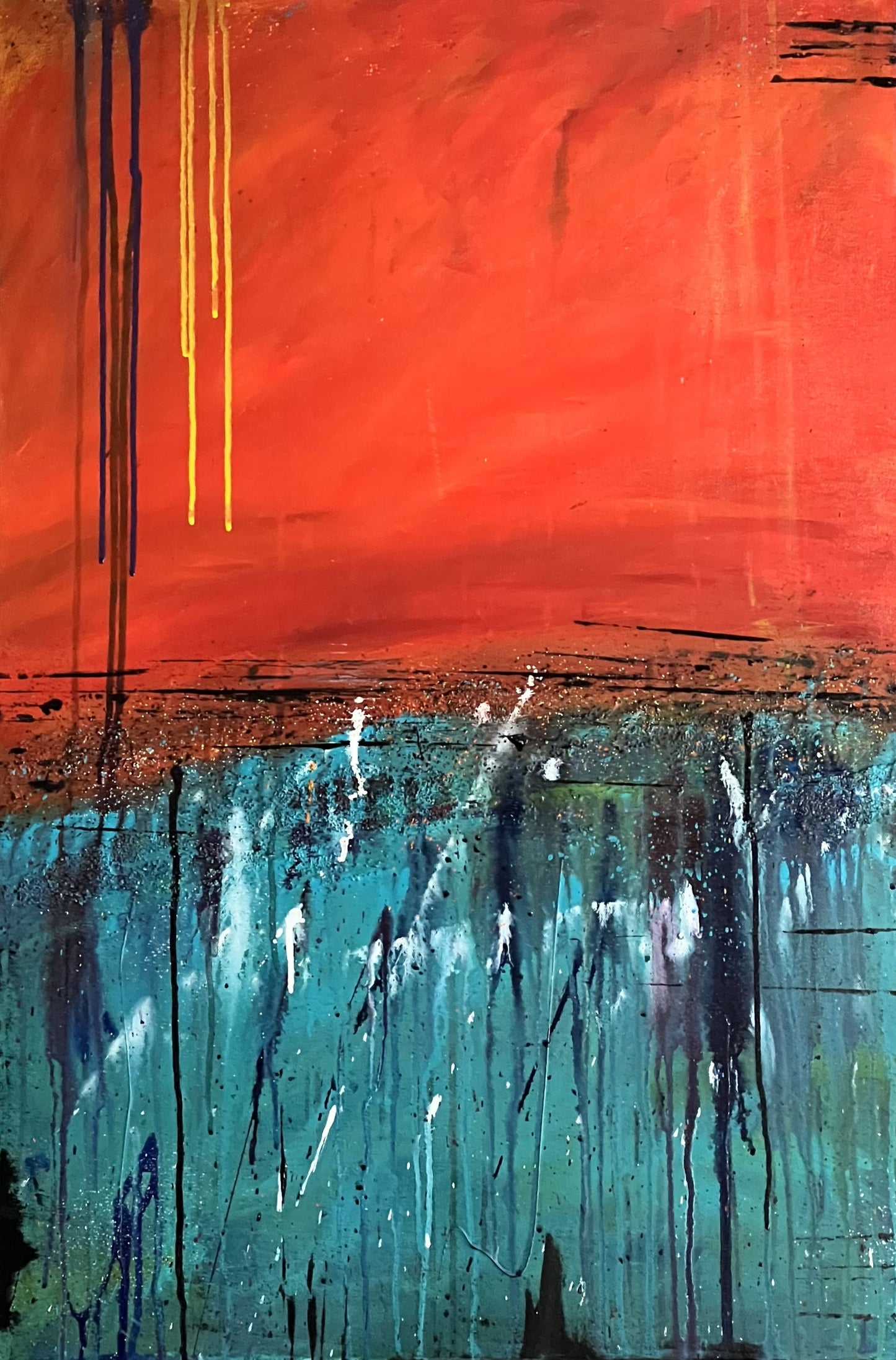 "When the World Ends" - 24x36 original mixed media abstract painting by Michelle Ramos with vibrant red, teal, and gold drips and heavy texture