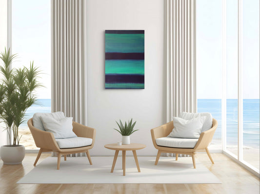 Large 36x48 abstract painting in deep blues, teals, and muted greens with soft atmospheric blending and rolling movement.