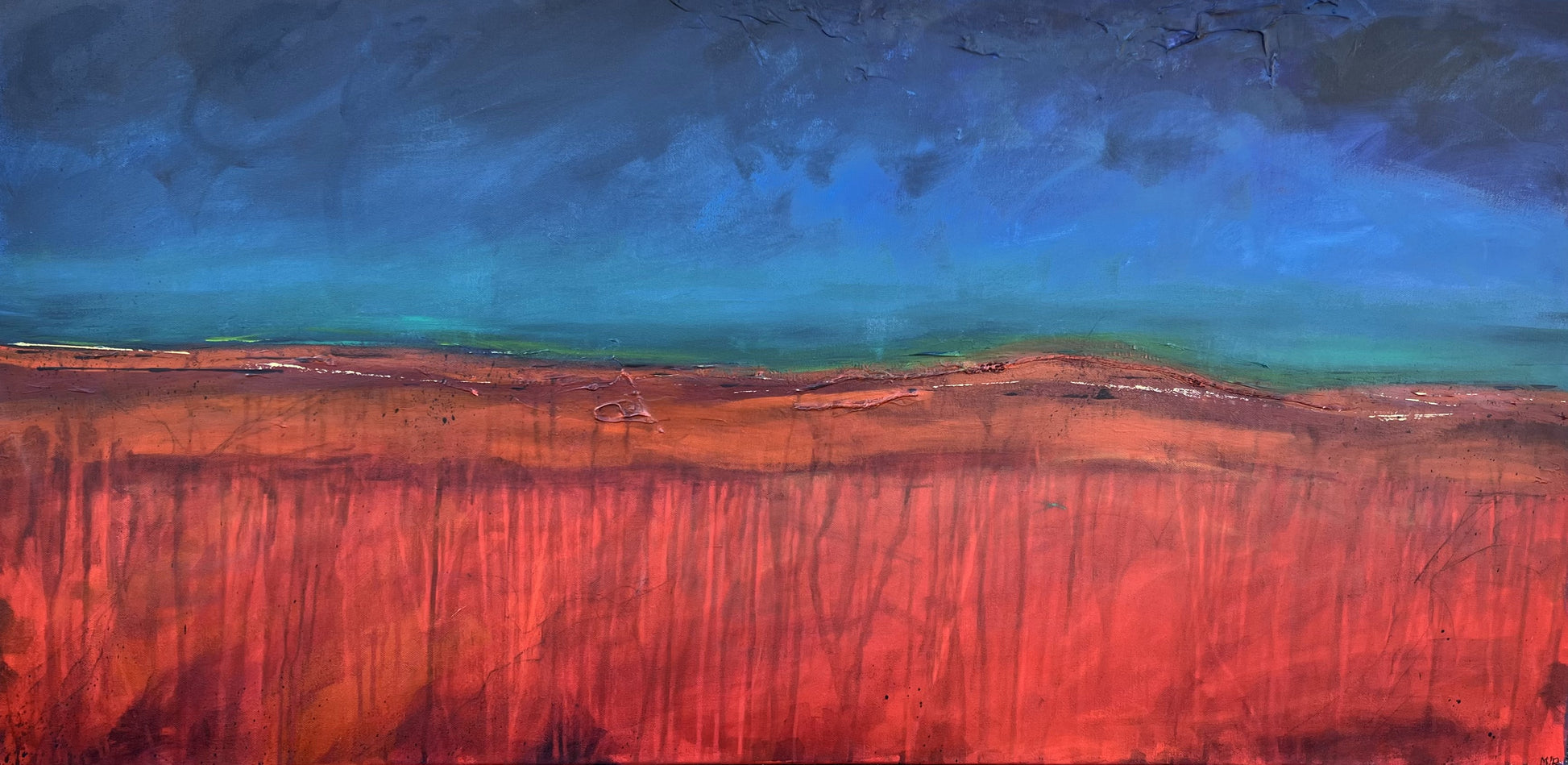 Abstract painting with horizontal bands of textured color, suggesting layered terrain and dramatic sky.