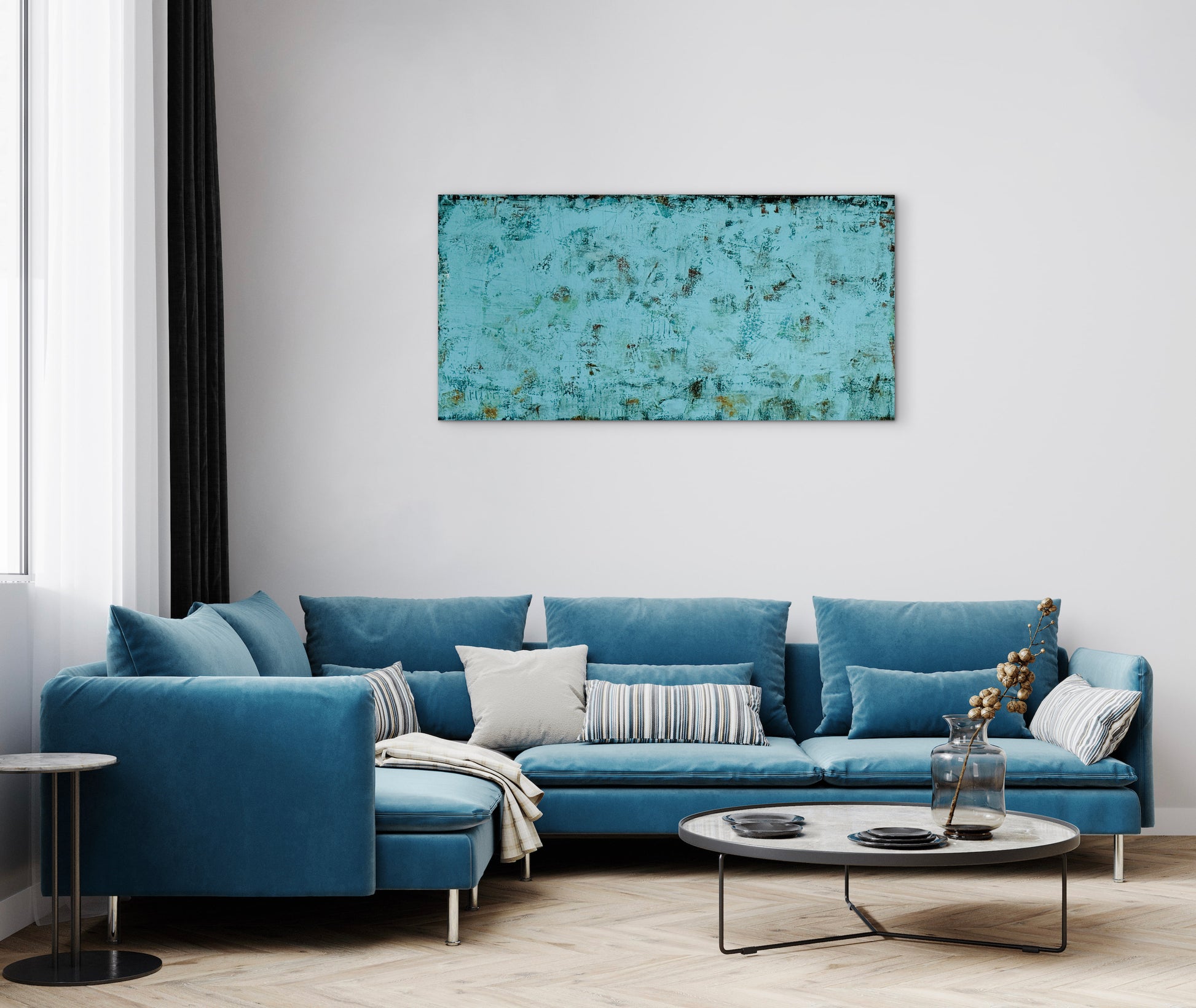 Truth Or Consequences, 24x48" abstract painting by Michelle Ramos displayed in a modern living room above a blue sectional sofa. Moody turquoise and rust artwork with atmospheric depth.