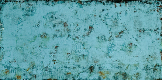Truth Or Consequences, 24x48" abstract painting by Michelle Ramos. Layered turquoise and soft blues with warm rust and ochre tones, featuring weathered texture and delicate marks.