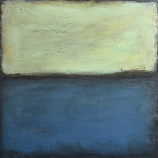 The Only Thing I'm Missing, 30x30" abstract painting by Michelle Ramos. Soft chartreuse and pale yellow tones above a deep navy blue base with delicate linear marks and subtle texture.