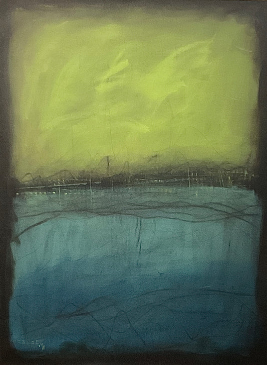 Lost In You, 30x40" abstract painting by Michelle Ramos. Vibrant chartreuse and yellow tones fade into deep teal and dark blues with delicate linear marks and rich texture.