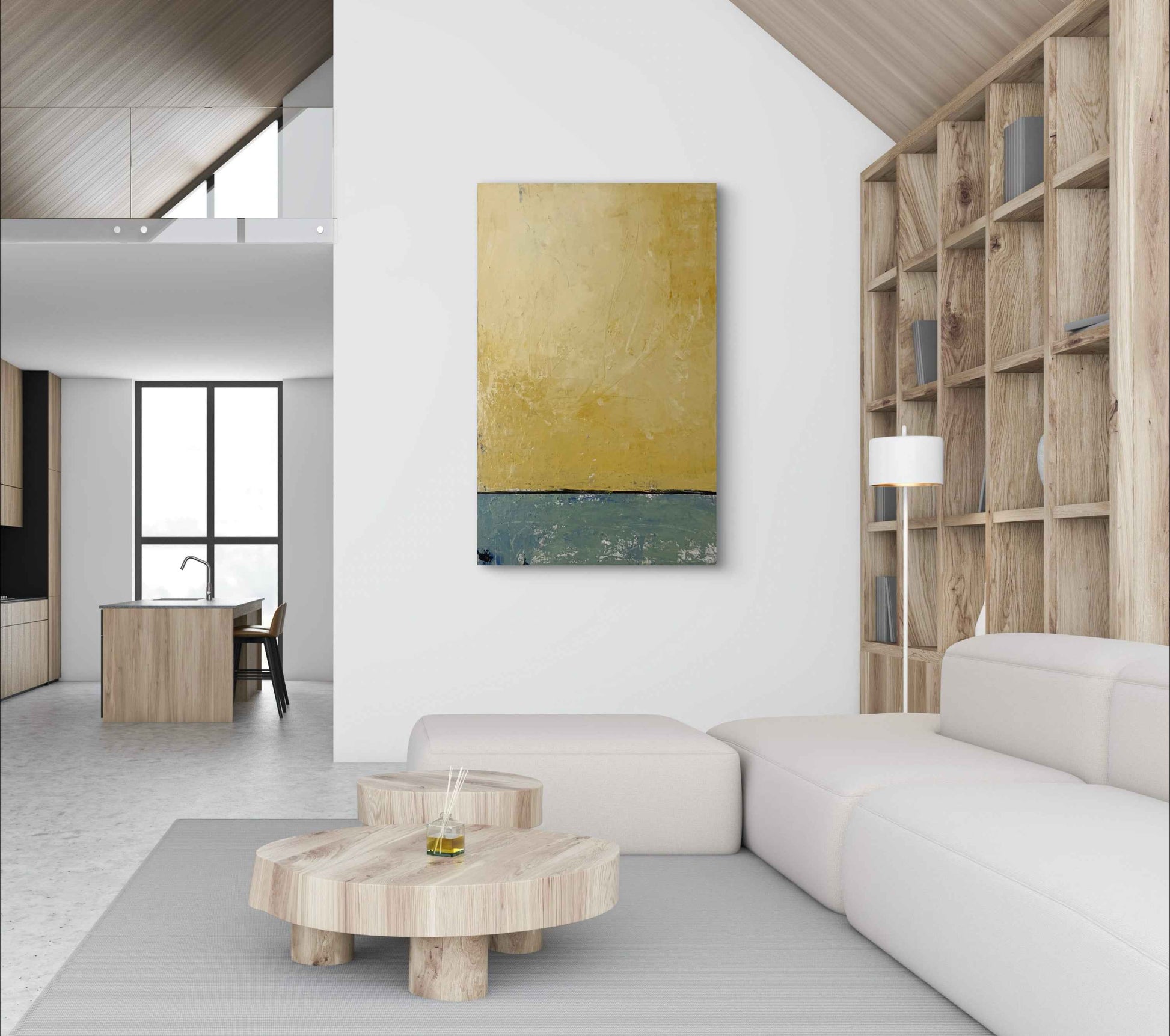 - Color block artwork featuring warm and cool contrast with expressive brushstrokes and thin black divider
