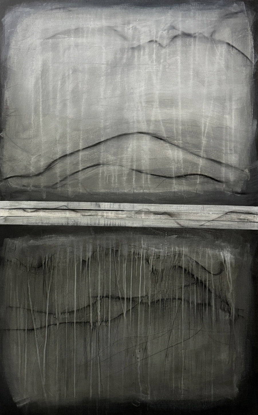 Large contemporary artwork with drip effects and a white midline separating two monochrome fields
