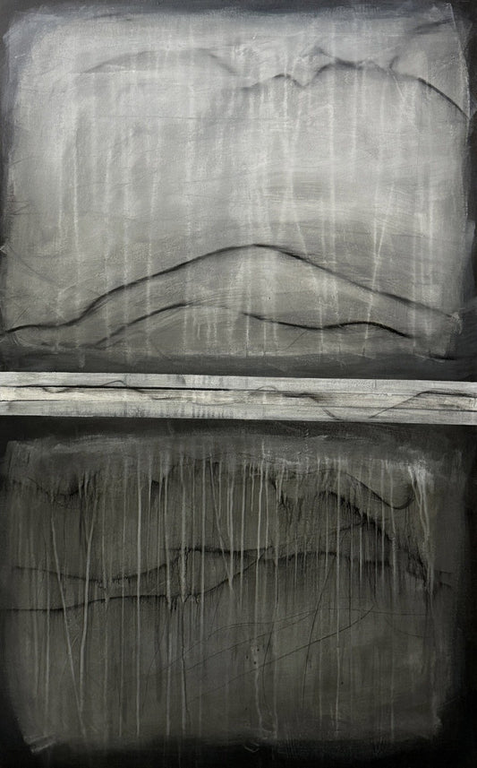 Large contemporary artwork with drip effects and a white midline separating two monochrome fields
