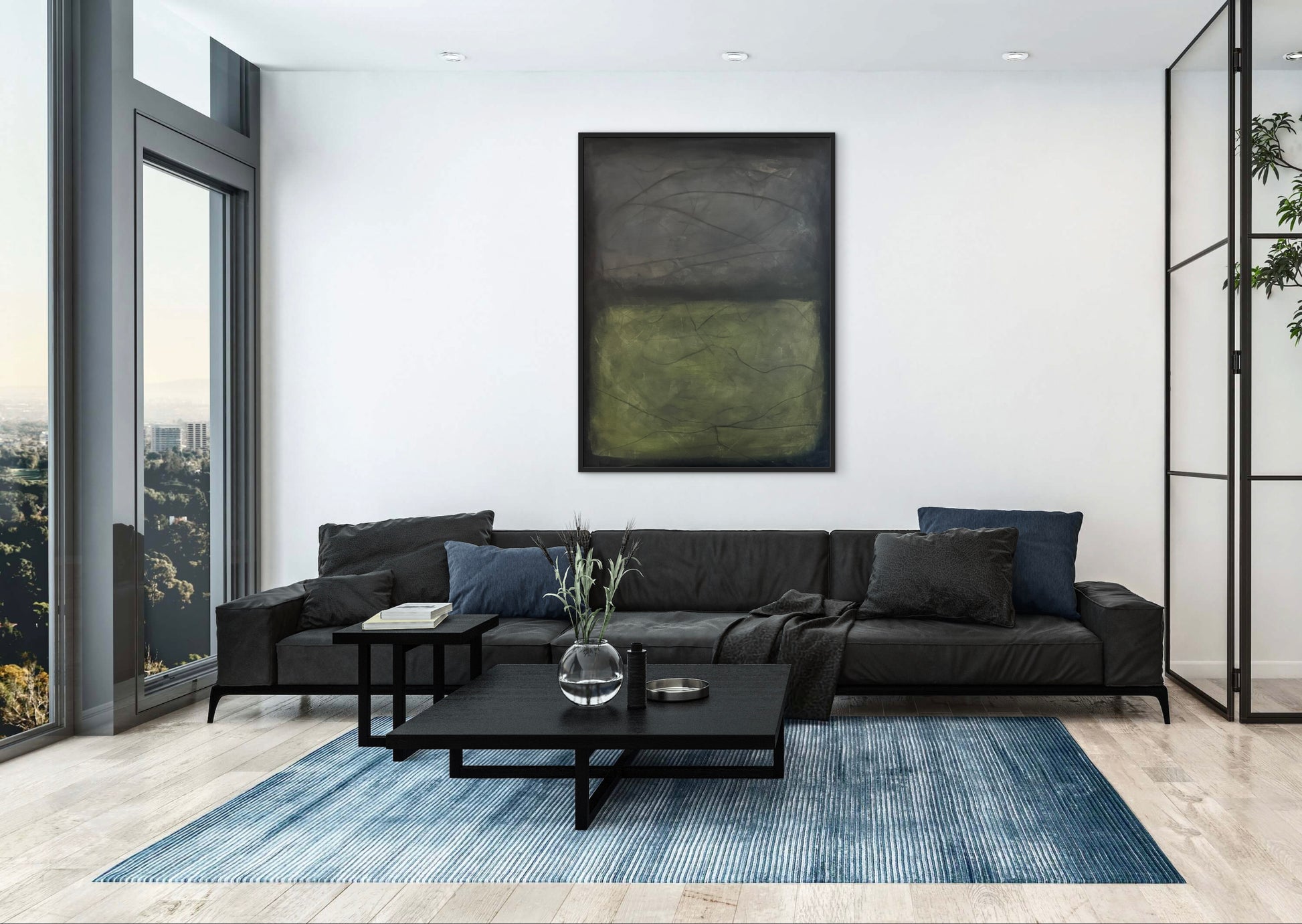 Evade, 36x48" abstract painting by Michelle Ramos displayed in a modern dark living room above a black sofa. Moody gray and olive-green artwork with atmospheric depth.