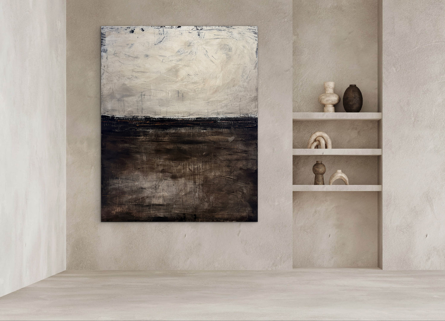 Mockup of a large neutral abstract painting hanging above a sofa, showing a light upper field, dark lower field, and a thin textured dividing line.