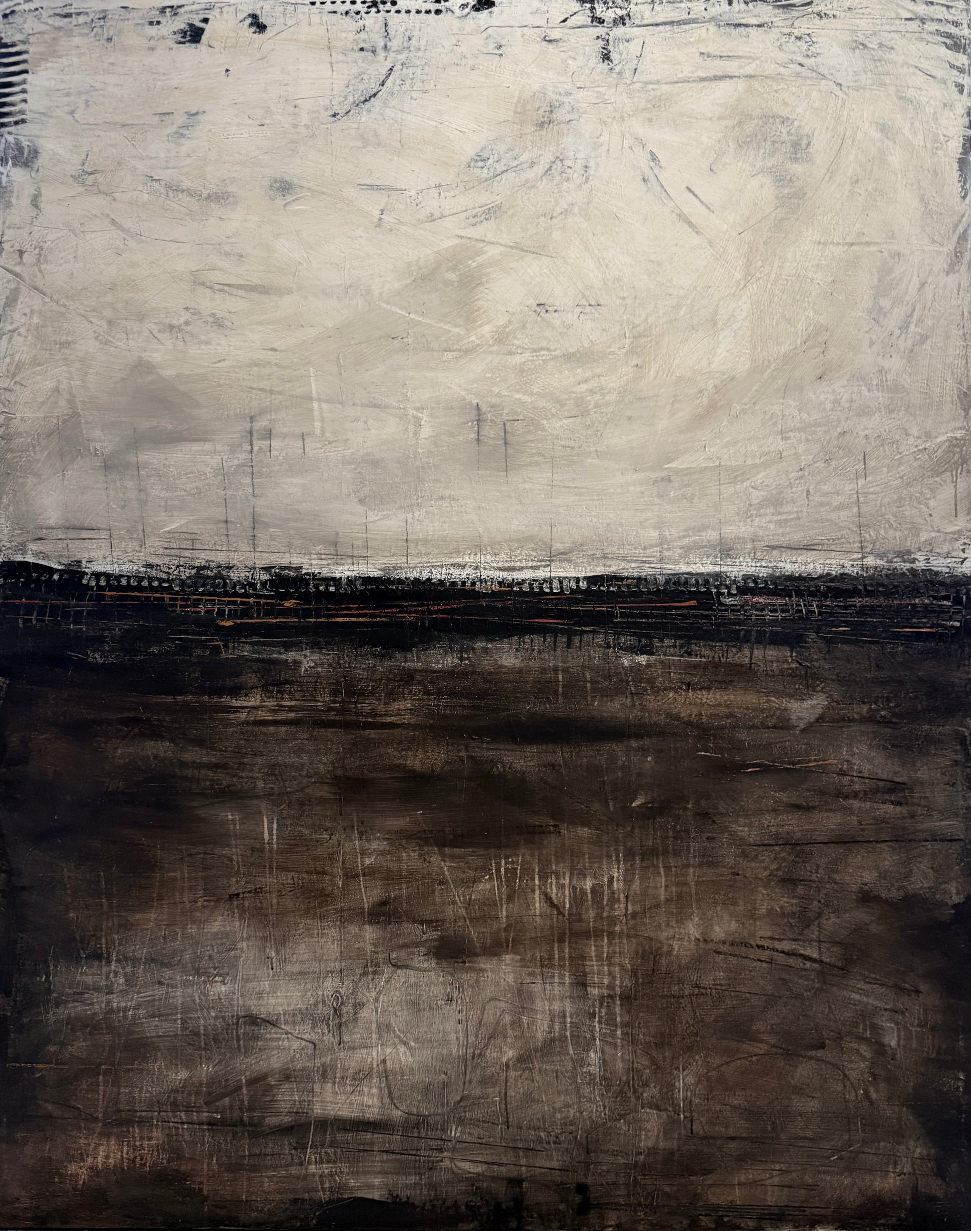 Large abstract painting with a light textured upper section, a dark earthy lower section, and a thin distressed dividing band across the center.