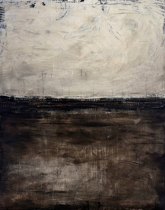 Large abstract painting with a light textured upper section, a dark earthy lower section, and a thin distressed dividing band across the center.