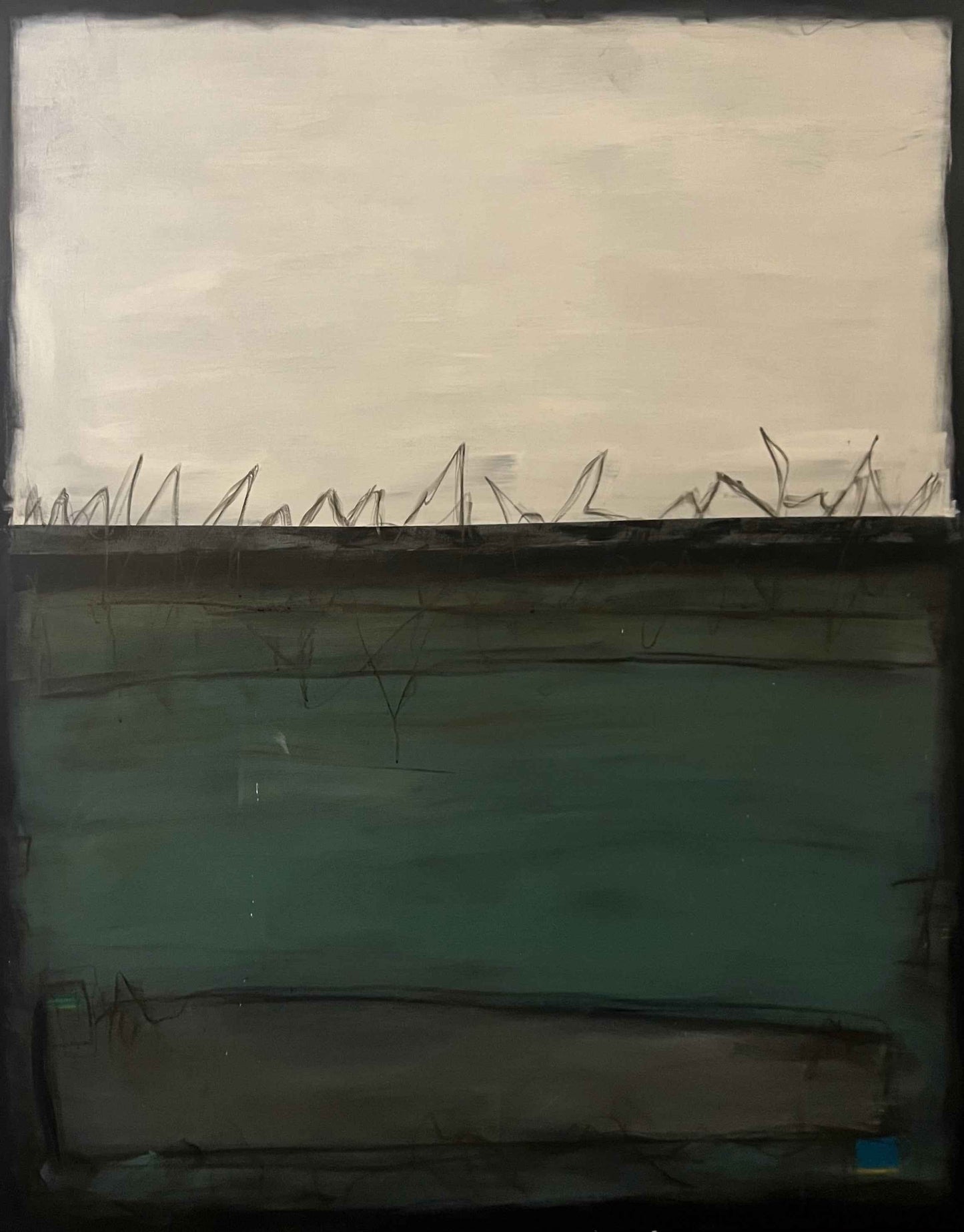 Abstract painting with a pale upper field, jagged black lines rising upward, and deep green‑blue horizontal bands layered over a dark base.