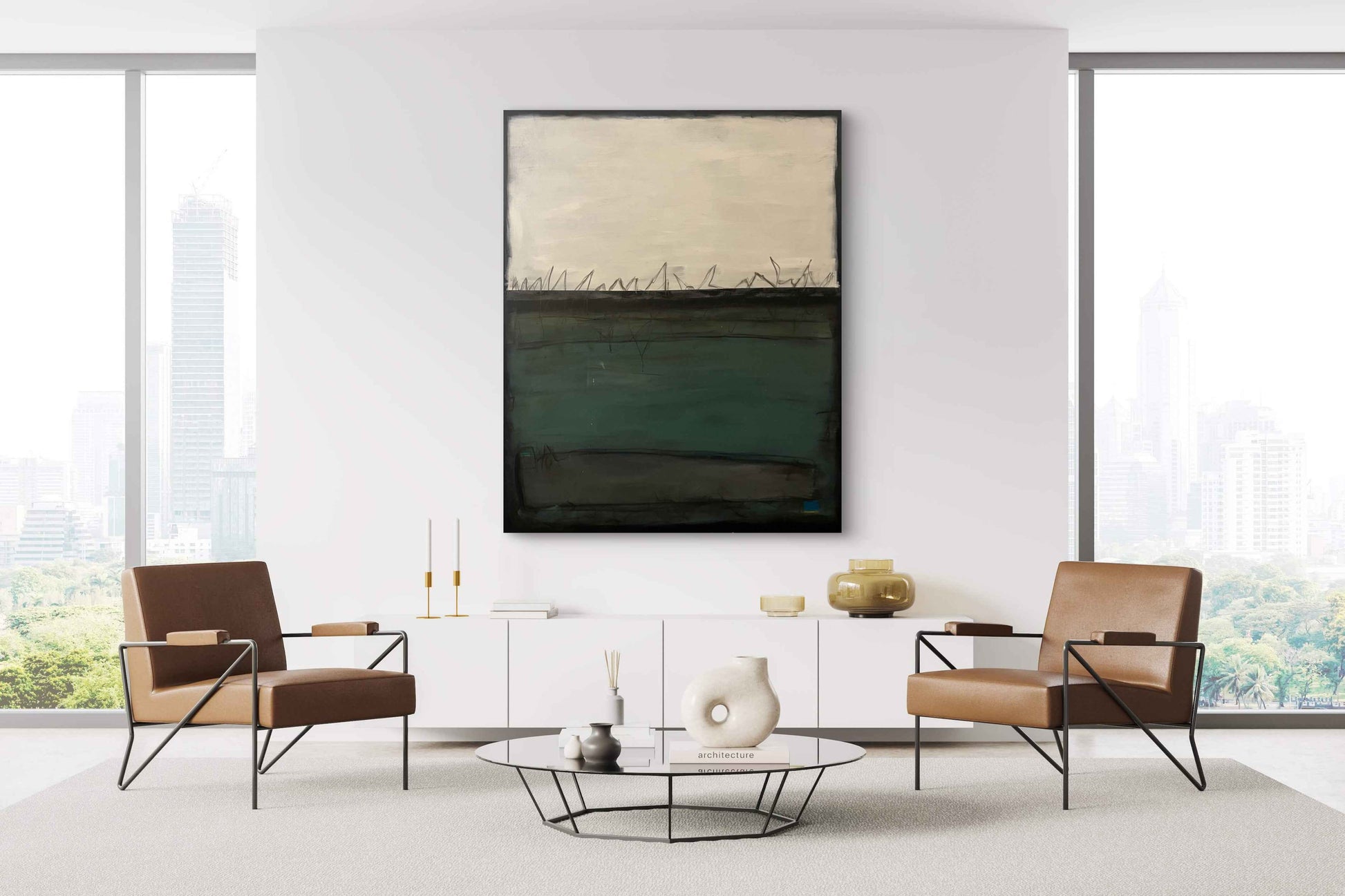 Minimalist abstract landscape with soft light above sharp black lines and deep green‑blue fields that create a sense of quiet tension and depth.