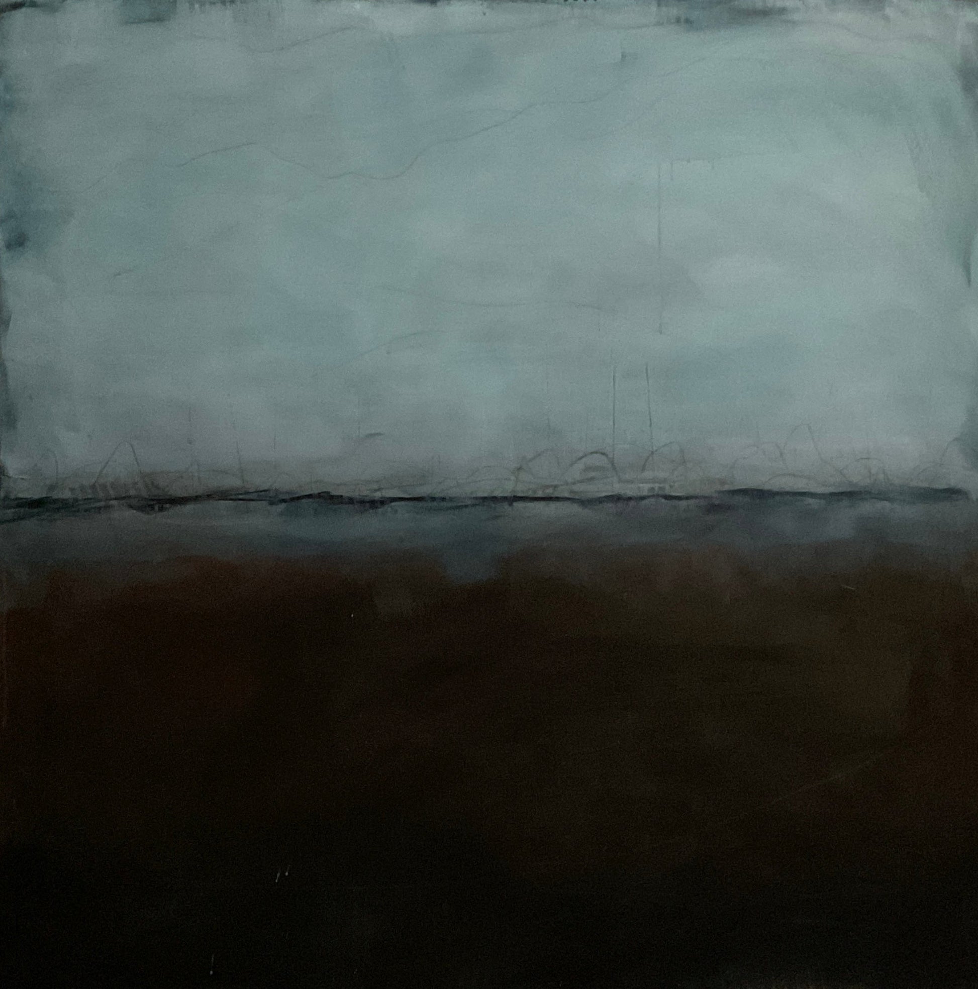 Large abstract painting with a soft blue upper section, dark lower section, and subtle texture details.
Large abstract painting with a soft blue upper section, dark lower section, and subtle texture details.
