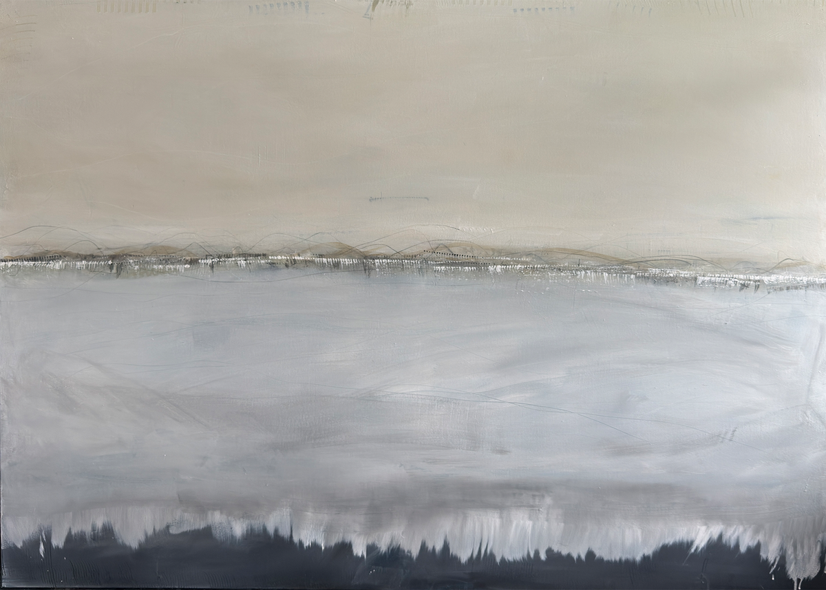 Abstract painting with soft beige and gray tones, subtle horizon-like texture, and dark lower brushstrokes creating a calm, atmospheric composition.