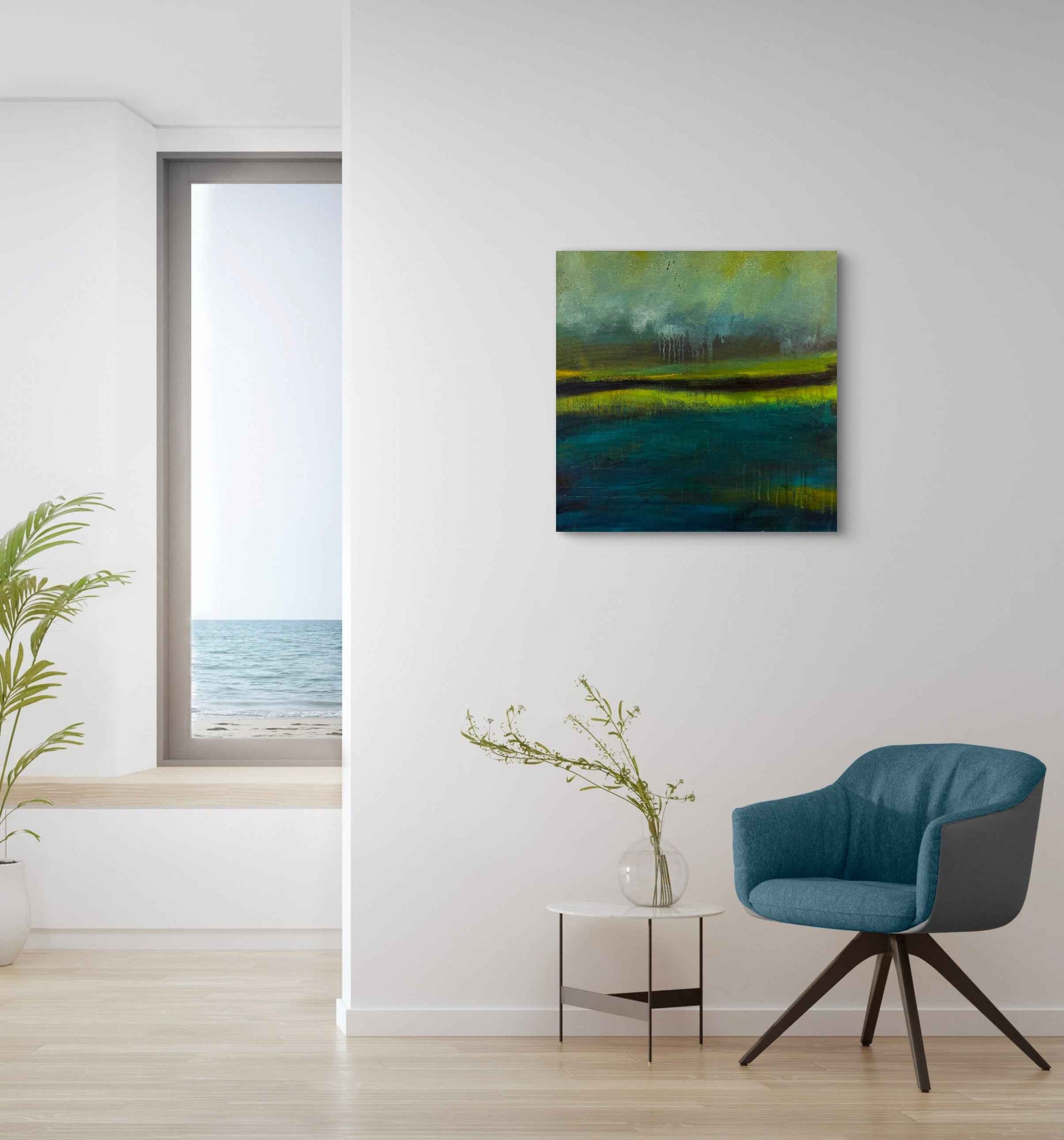 Abstract painting with layered dark and vibrant tones, suggesting a reflective surface and misty upper section