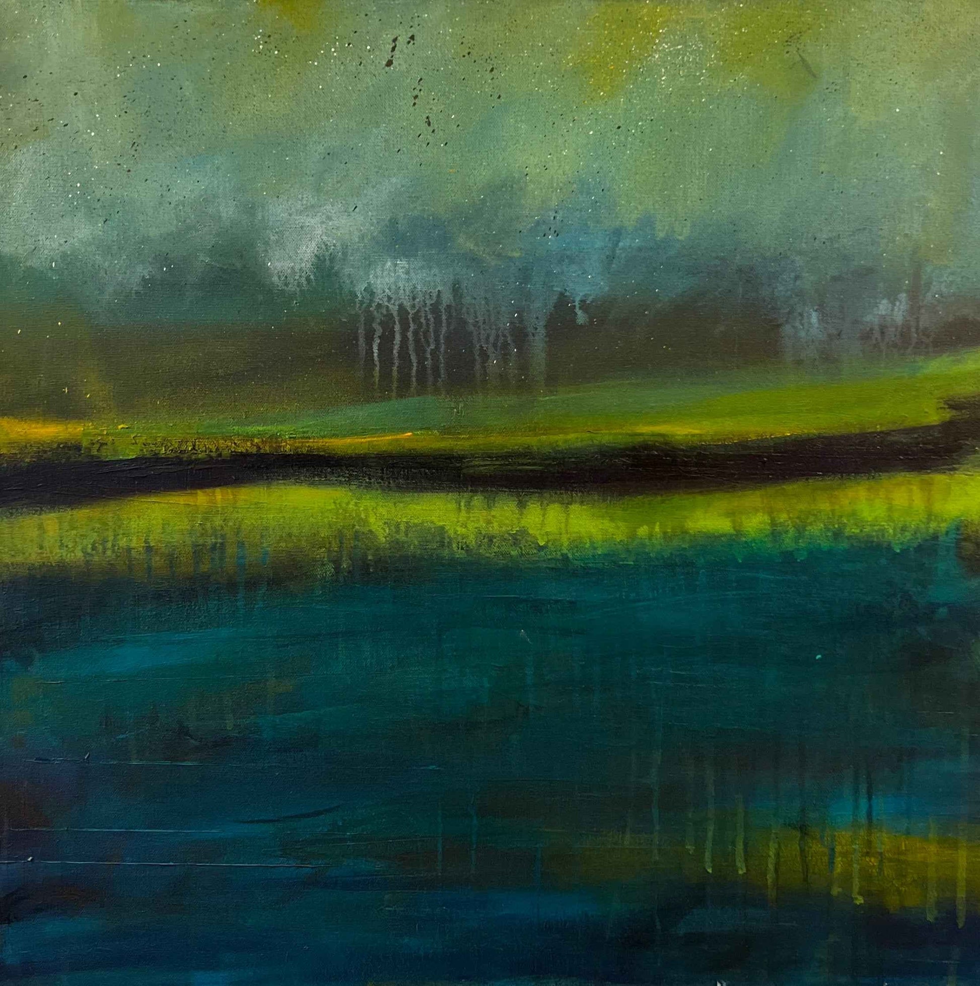 Abstract painting with layered dark and vibrant tones, suggesting a reflective surface and misty upper section