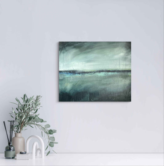 Interior mockup showing the artwork Float Away Here With Me on a wall, highlighting its dark palette and misty horizon.