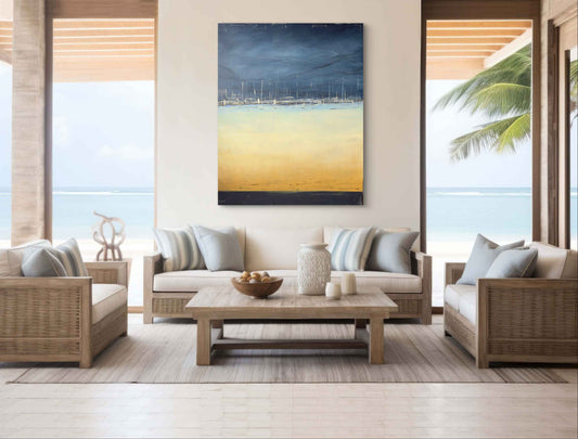 Between Time and Dreams, a large abstract painting with deep blue upper tones and a warm yellow lower section, displayed above a sofa in a contemporary living room.