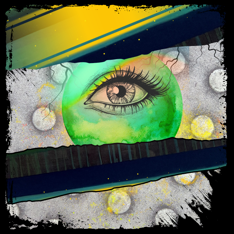 Surreal abstract artwork with a detailed eye inside a green orb, surrounded by crater-like textures, layered color bands, and star-like speckles creating a cosmic, mysterious composition.