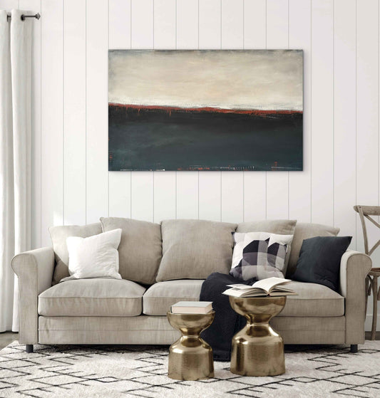 Hallowed Ground, an original abstract painting by Michelle Ramos, displayed in a contemporary living room to show its scale and placement.