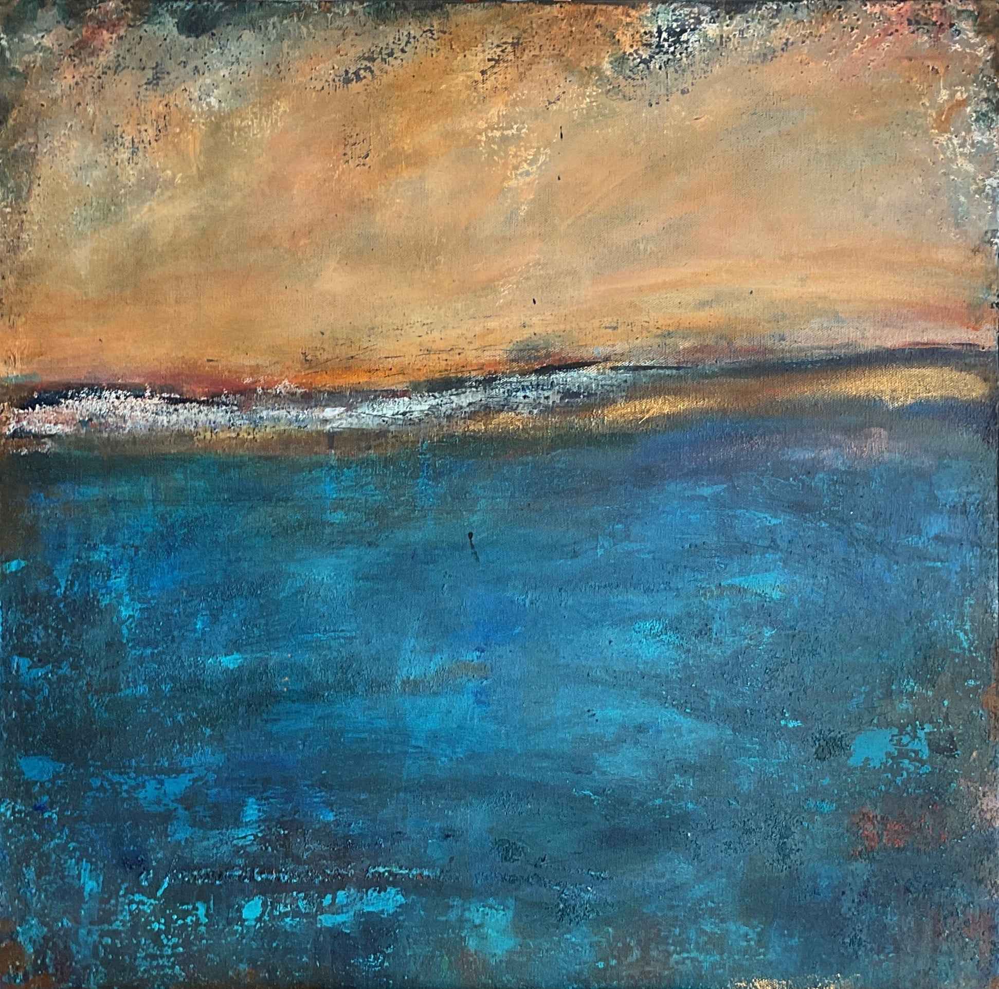 Abstract seascape with glowing orange sky, dark horizon, and deep blue textured water